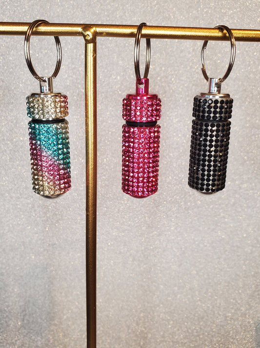 Bling Rhinestone Covered Waterproof Pill Case Keychain