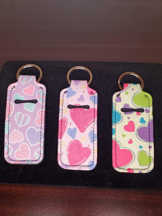 Pastel Hearts Love Chapstick Lip Stick Holder Keychain Key Fob