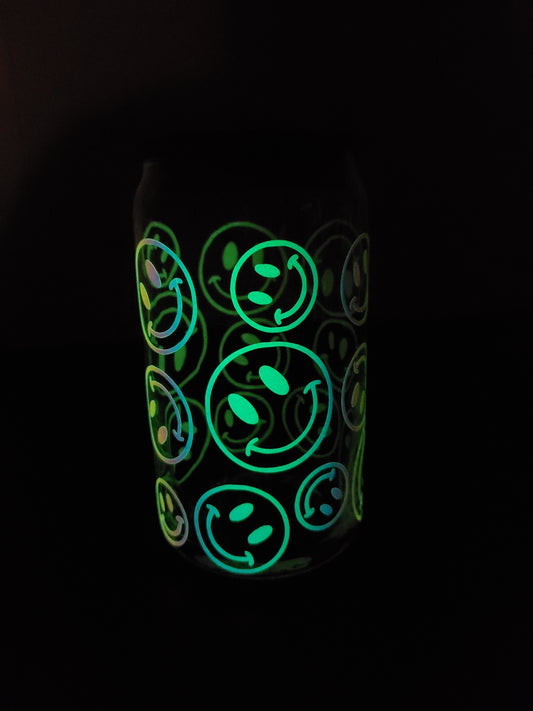 Glow In The Dark Holographic Smiley Faces Glass Can with Bamboo Lid & Straw