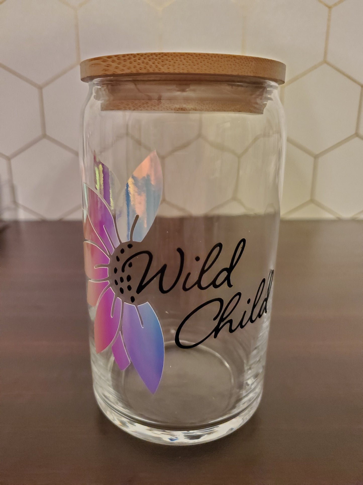 Wild Child Holographic Sunflower Glass Can with Bamboo Lid & Straw