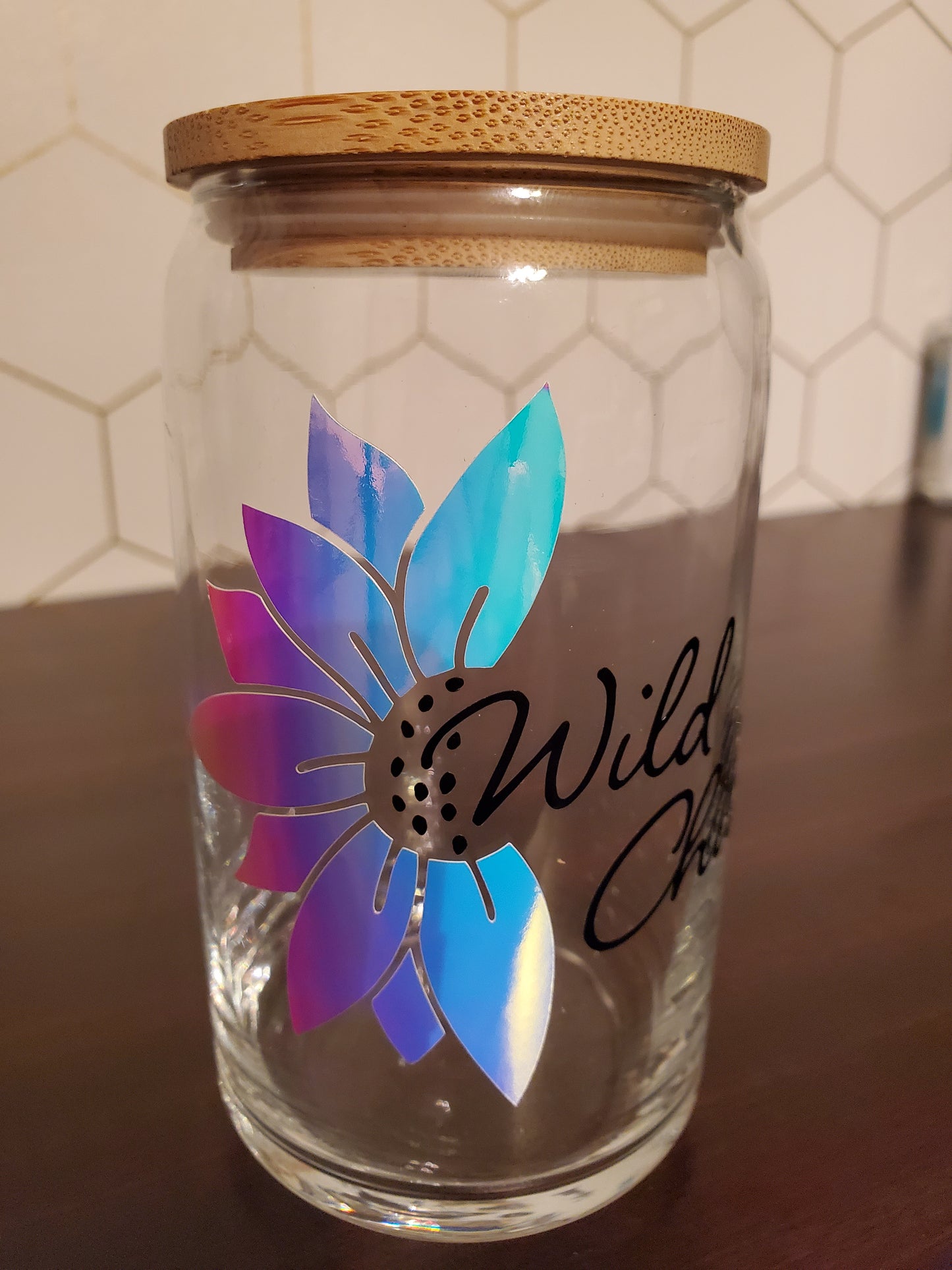 Wild Child Holographic Sunflower Glass Can with Bamboo Lid & Straw