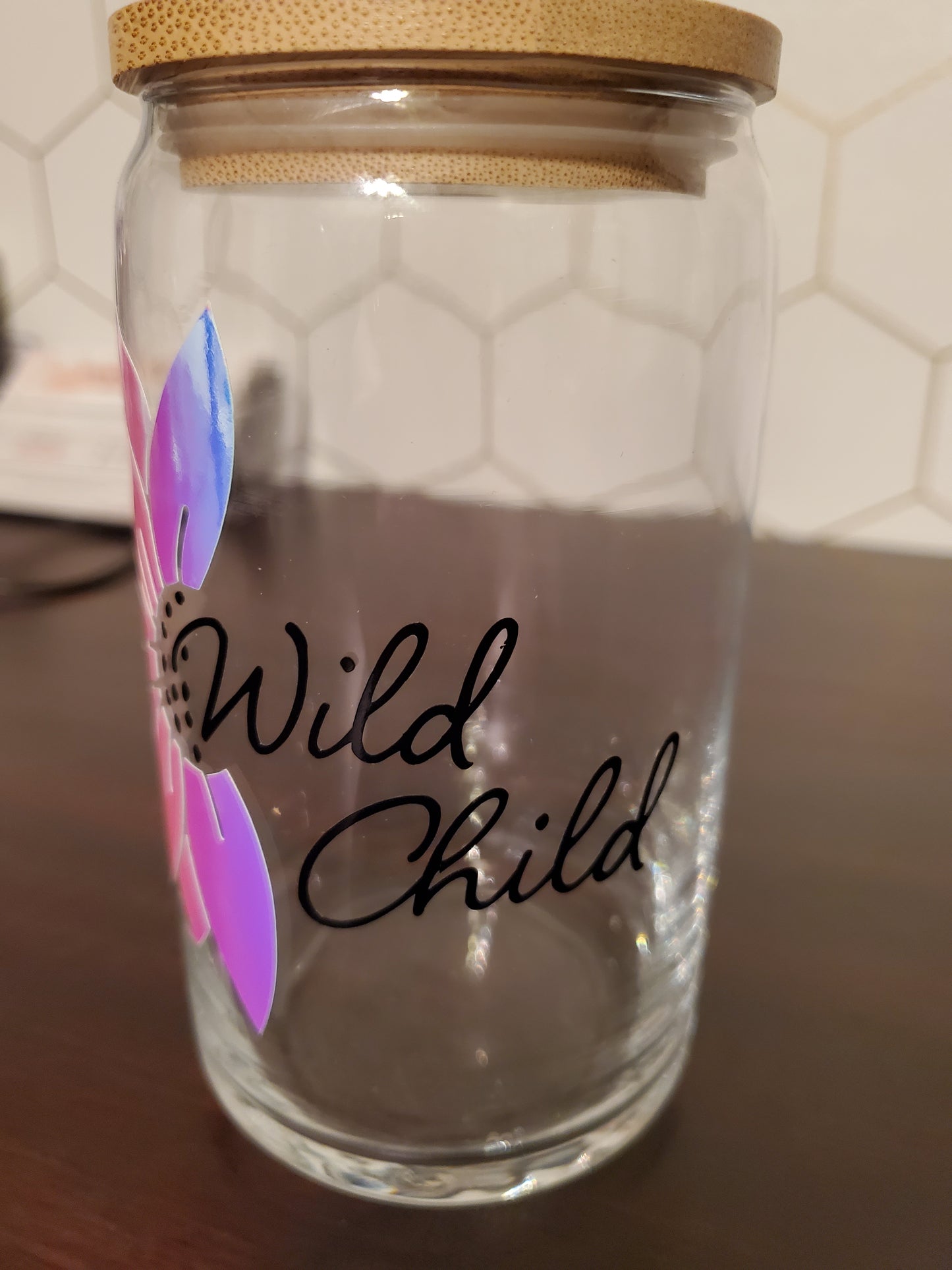 Wild Child Holographic Sunflower Glass Can with Bamboo Lid & Straw