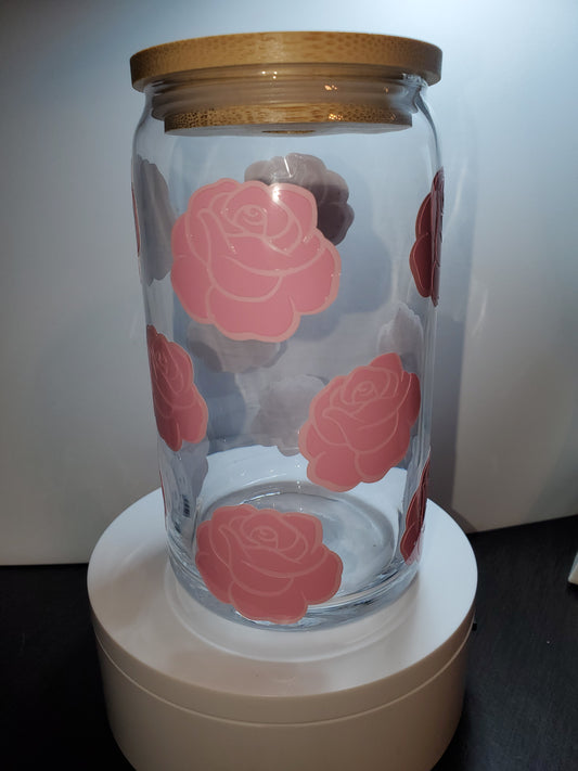 Cold Activated Color Change Roses 16oz Glass Can with Bamboo Lid & Glass Straw