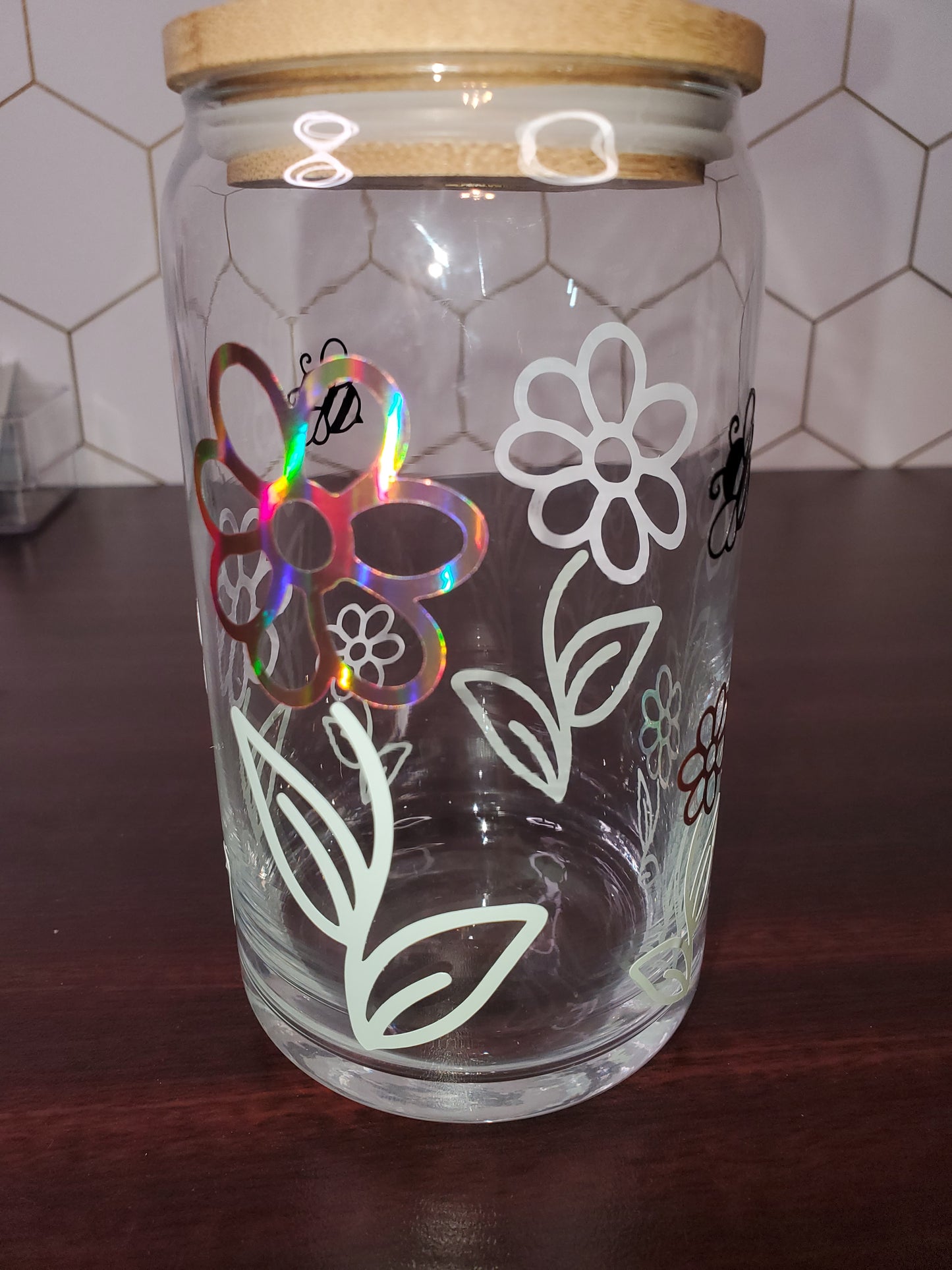 Friendly Bees Holographic Flowers 16oz Glass Can with Bamboo Lid & Straw