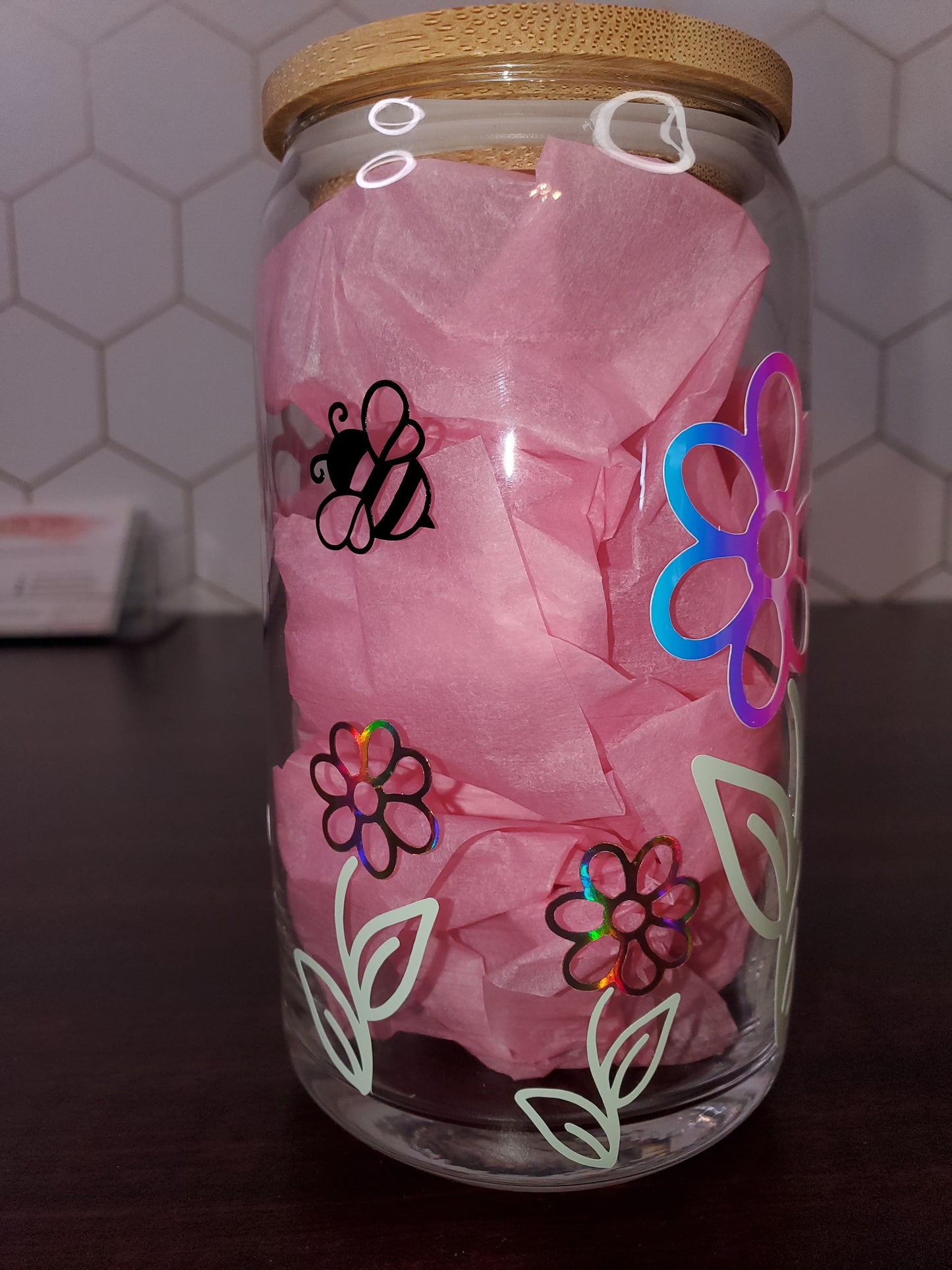 Friendly Bees Holographic Flowers 16oz Glass Can with Bamboo Lid & Straw