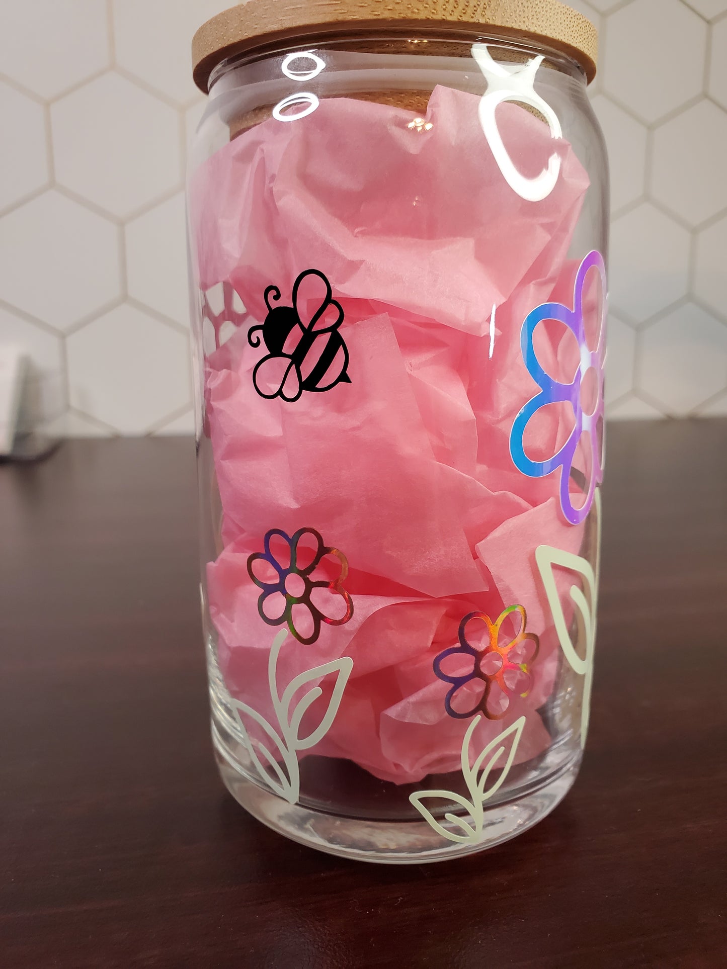 Friendly Bees Holographic Flowers 16oz Glass Can with Bamboo Lid & Straw