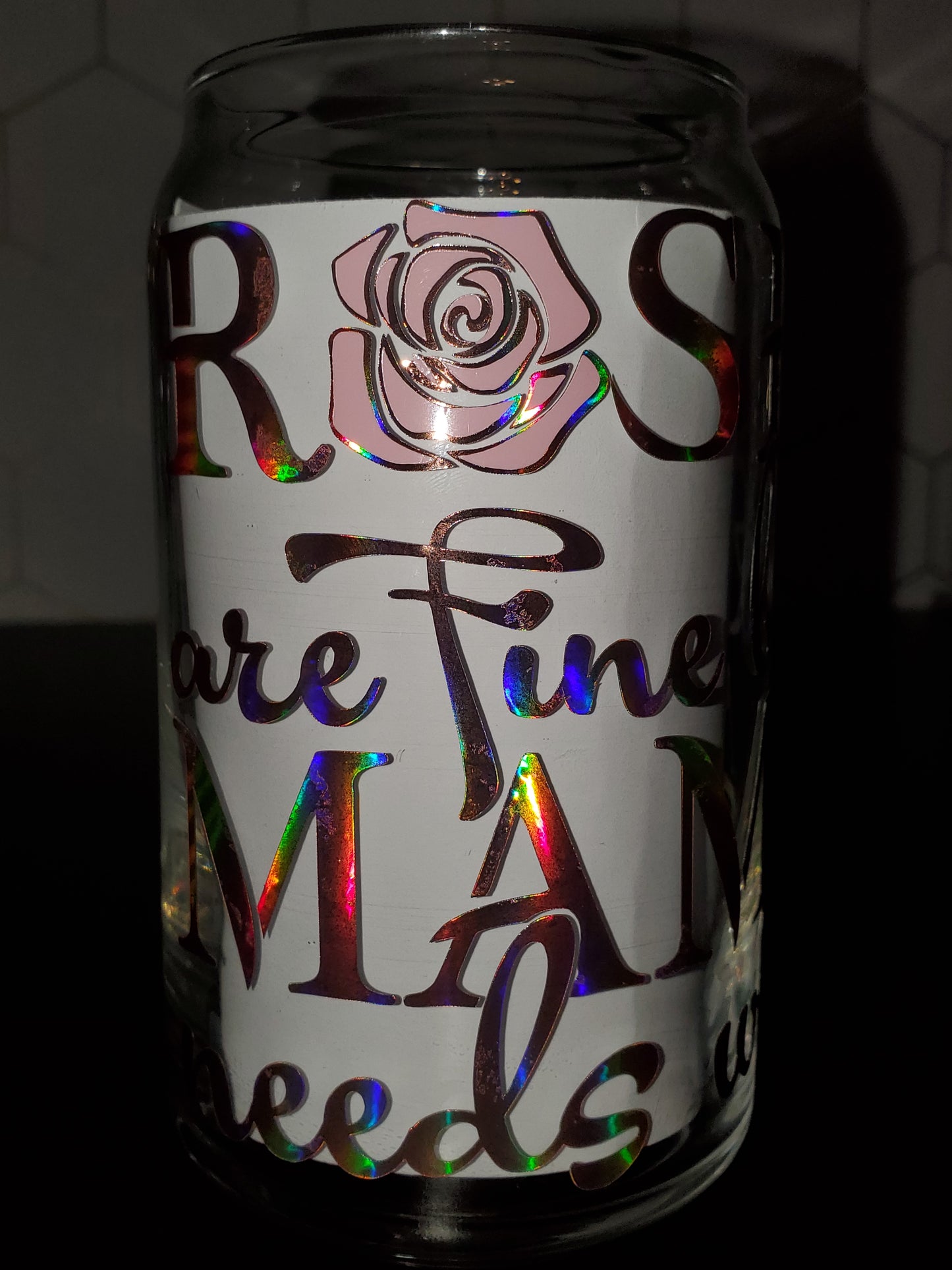 Roses Are Fine But Mama Needs Wine Holographic Color Changing 16oz Glass Can with Bamboo Lid & Straw