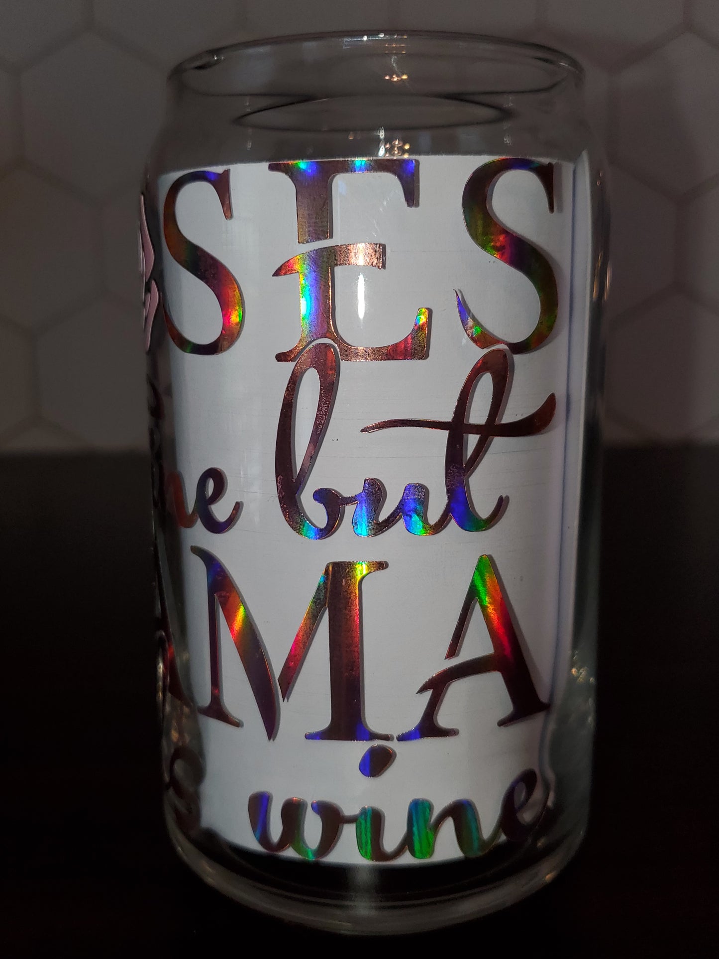 Roses Are Fine But Mama Needs Wine Holographic Color Changing 16oz Glass Can with Bamboo Lid & Straw