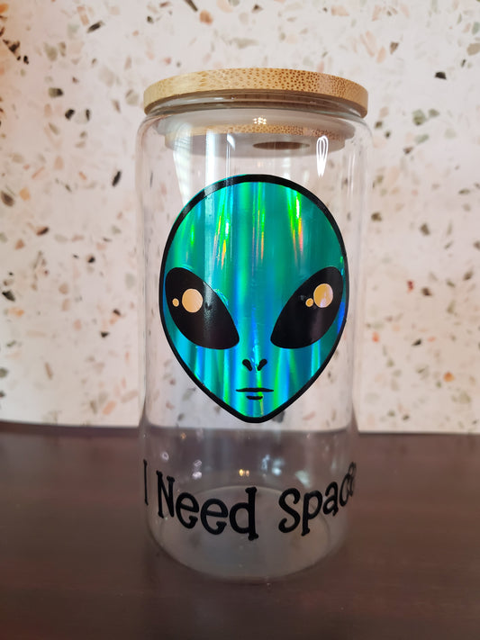 I Need Space Holographic Alien Glass Can with Bamboo Lid & Straw