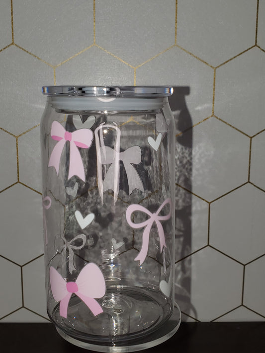 16oz Coquette Pink Bows & Hearts Acrylic Cup, Straw & Lid