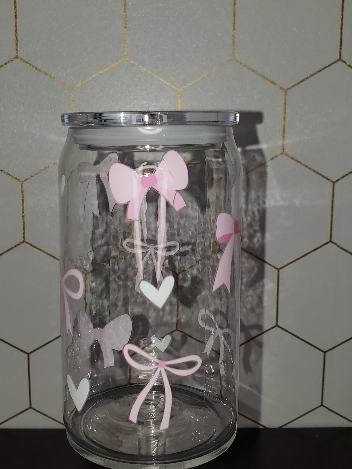 16oz Coquette Pink Bows & Hearts Acrylic Cup, Straw & Lid