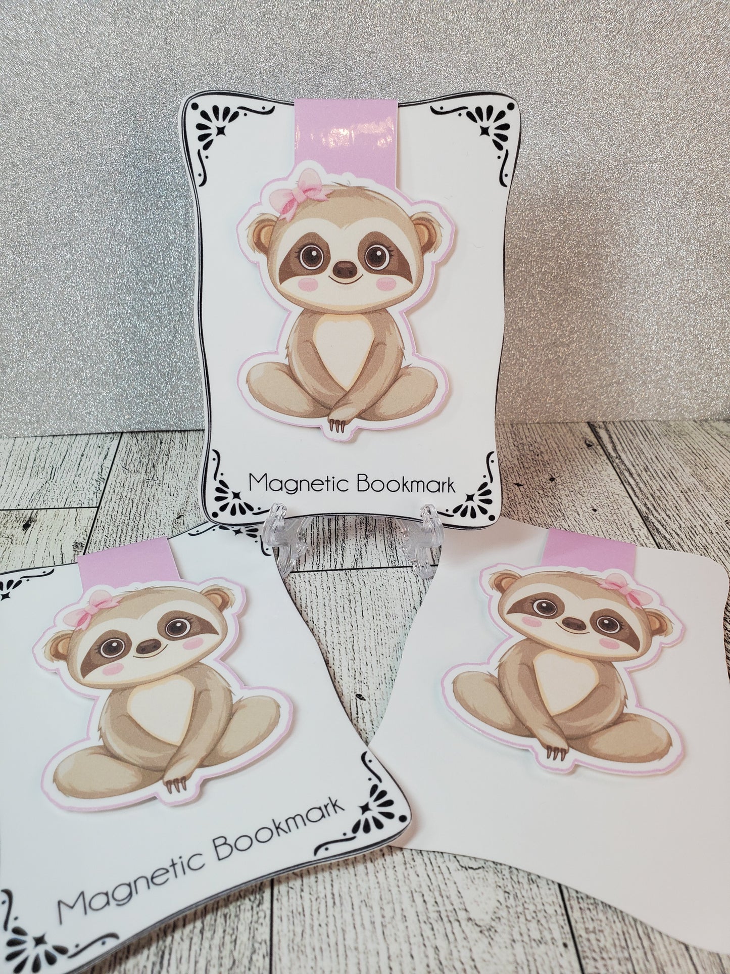 Cute Bow Wearing Sitting Sloth Magnetic Bookmark