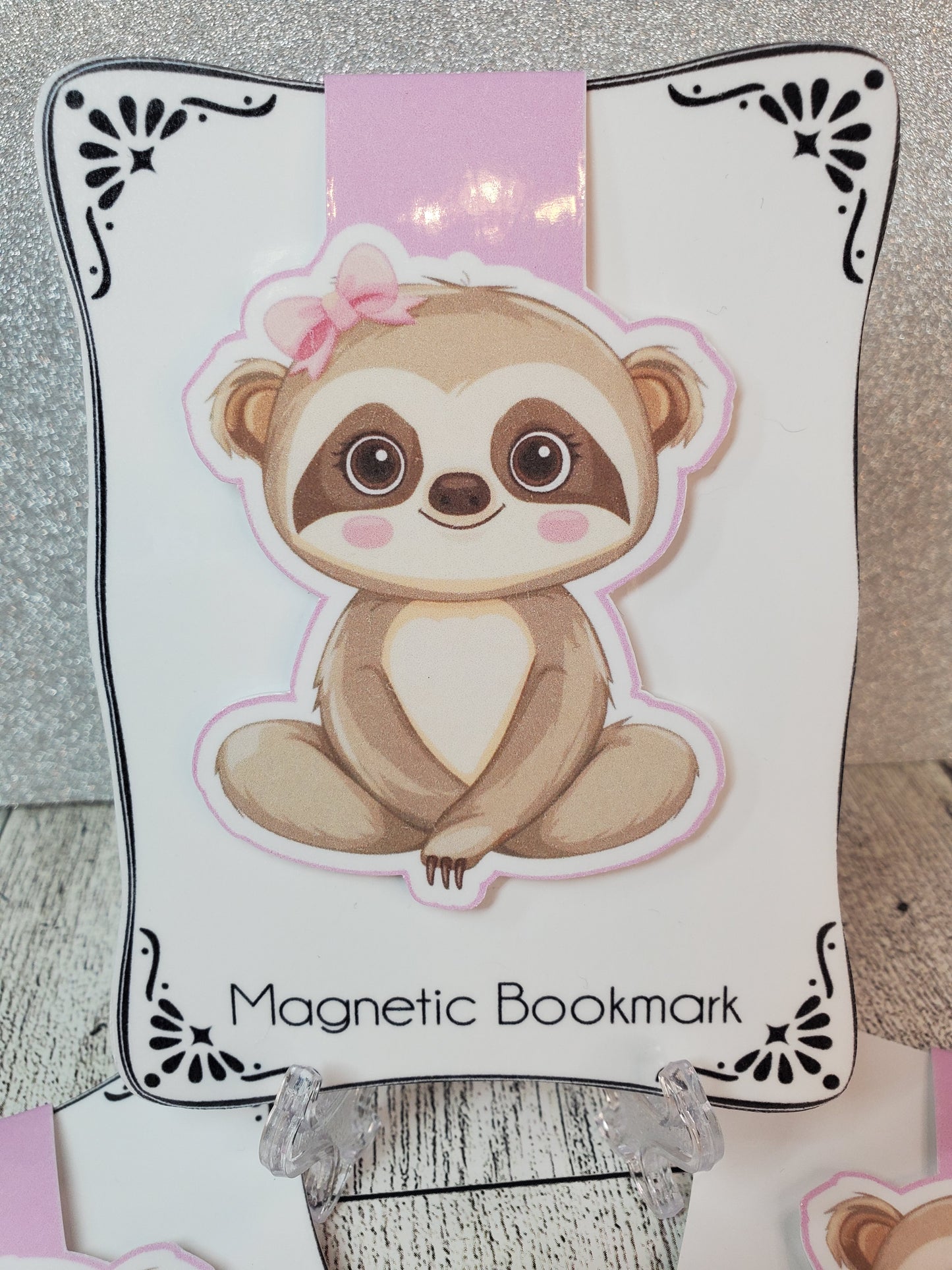 Cute Bow Wearing Sitting Sloth Magnetic Bookmark