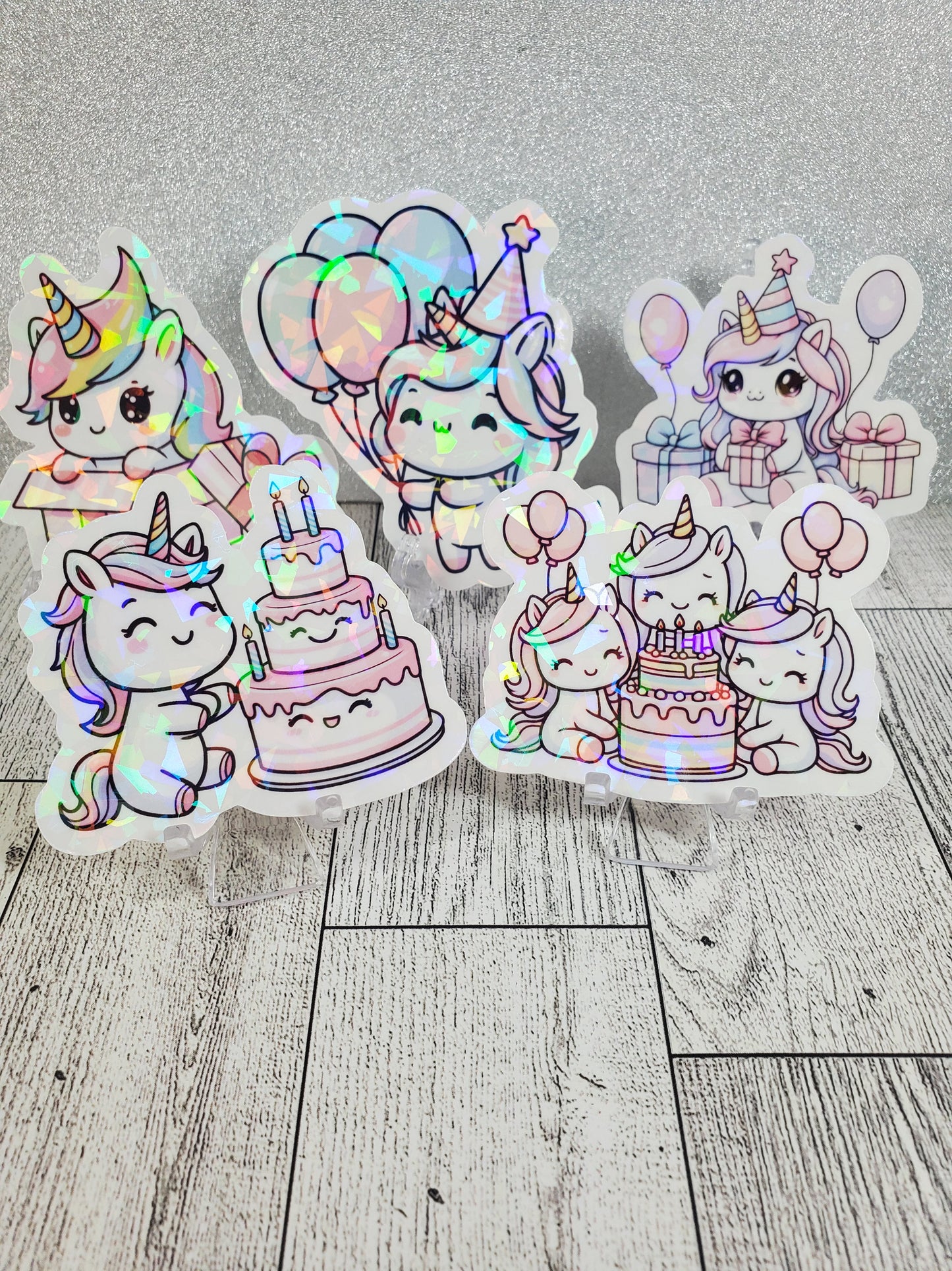 5pc Holographic Unicorn Birthday Party Sticker Collection