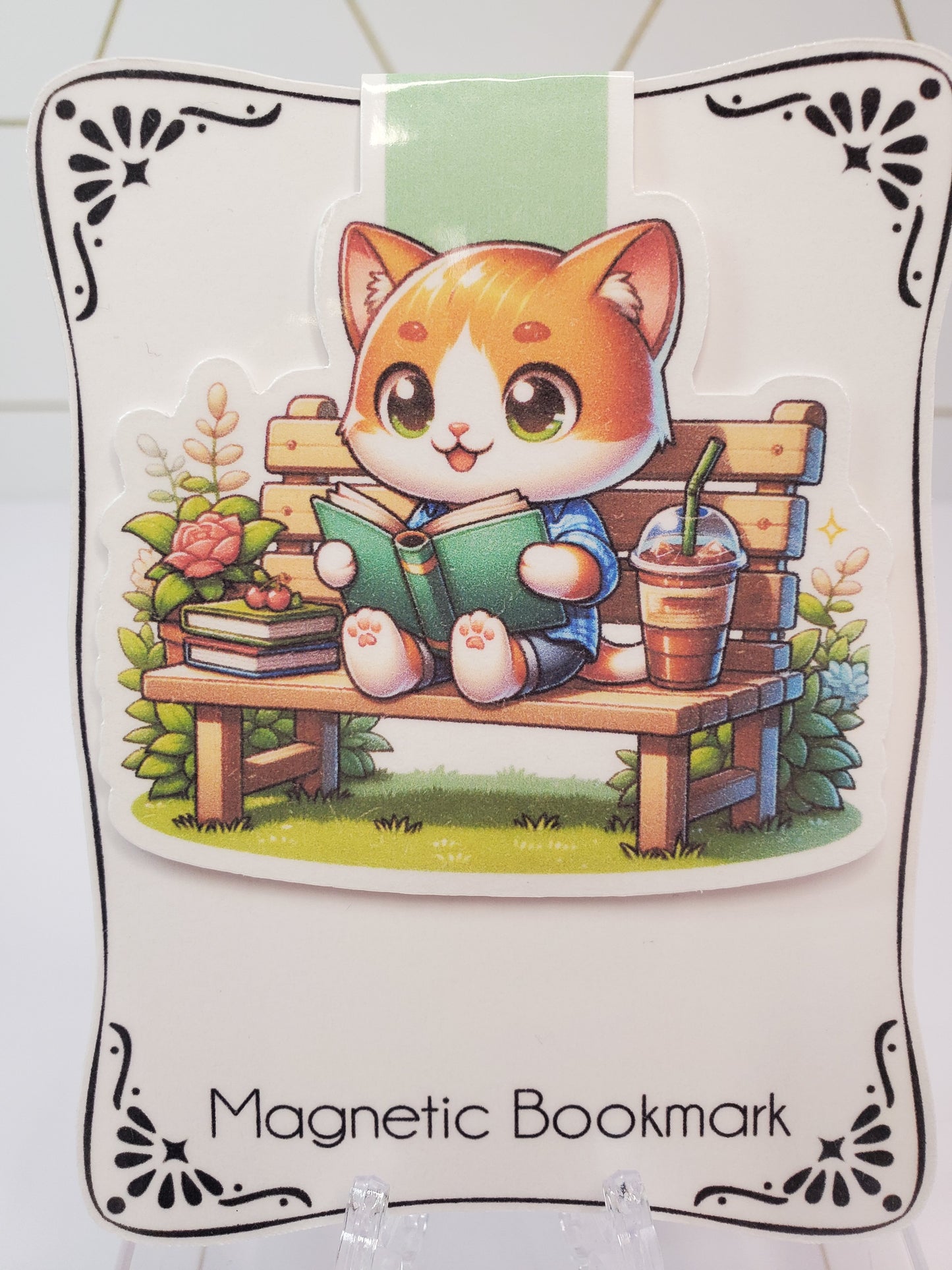 Reading Kitty on Bench with Iced Coffee Magnetic Bookmark