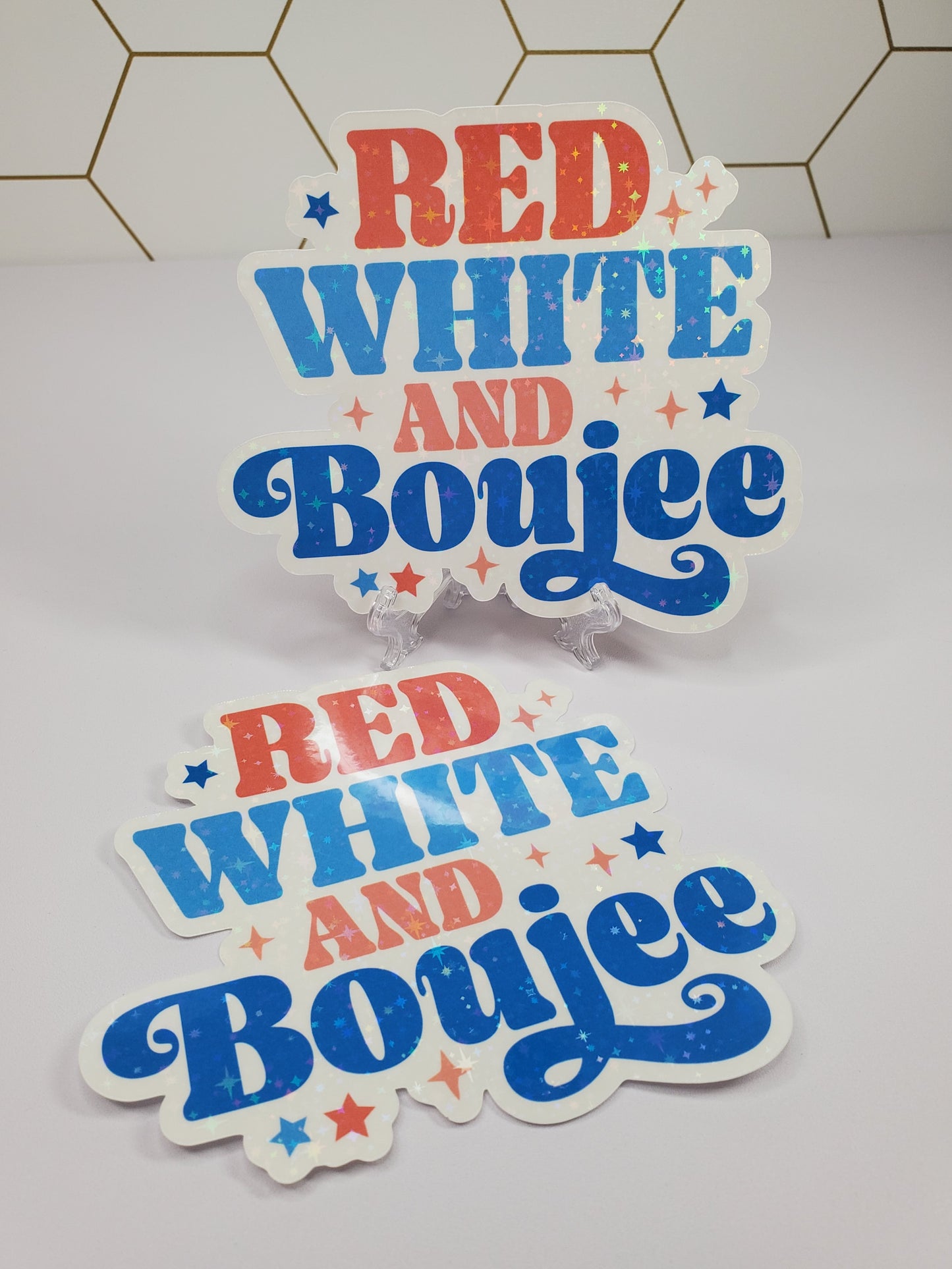 Holographic Red White & Boujee Waterproof Sticker