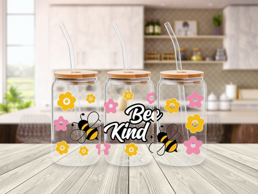 Bee Kind Flowers Bees 16oz Glass Beer Can with Bamboo Straw & Straw