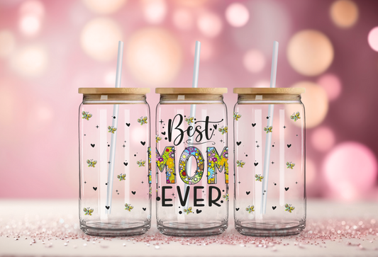 Floral Best Mom Ever Butterfly 16oz Glass Can with Bamboo Lid & Straw