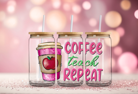 Coffee Teach Repeat 16oz Glass Can with Bamboo Lid & Straw