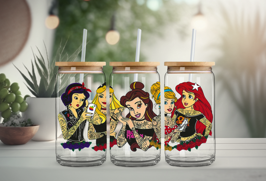 Punk Tattooed Princesses 16oz Glass Can with Bamboo Lid & Straw