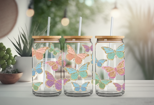 Glittery Butterfly 16oz Glass Beer Can with Bamboo Lid & Straw