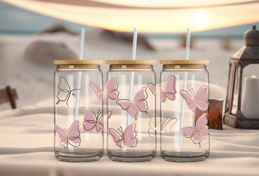 Pink Gold Butterflies 16oz Glass Can with Bamboo Lid & Straw