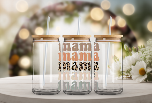 5x Mama Cheetah Print 16oz Glass Can with Bamboo Lid & Straw