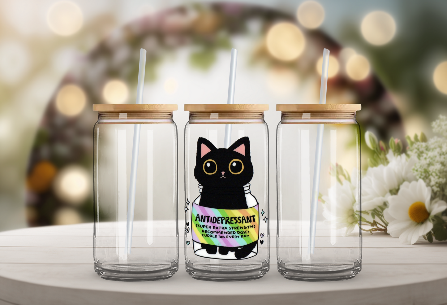 Cute Black Cat Antidepressant 16oz Glass Beer Can with Bamboo Lid  & Straw