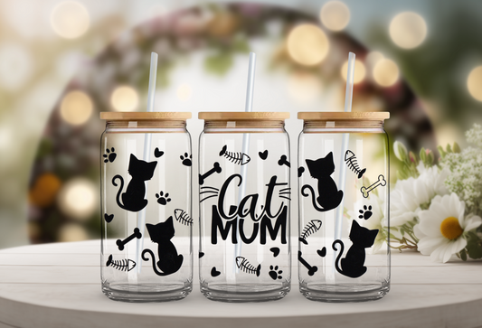 Cat Mom 16oz Glass Can with Bamboo Lid & Straw