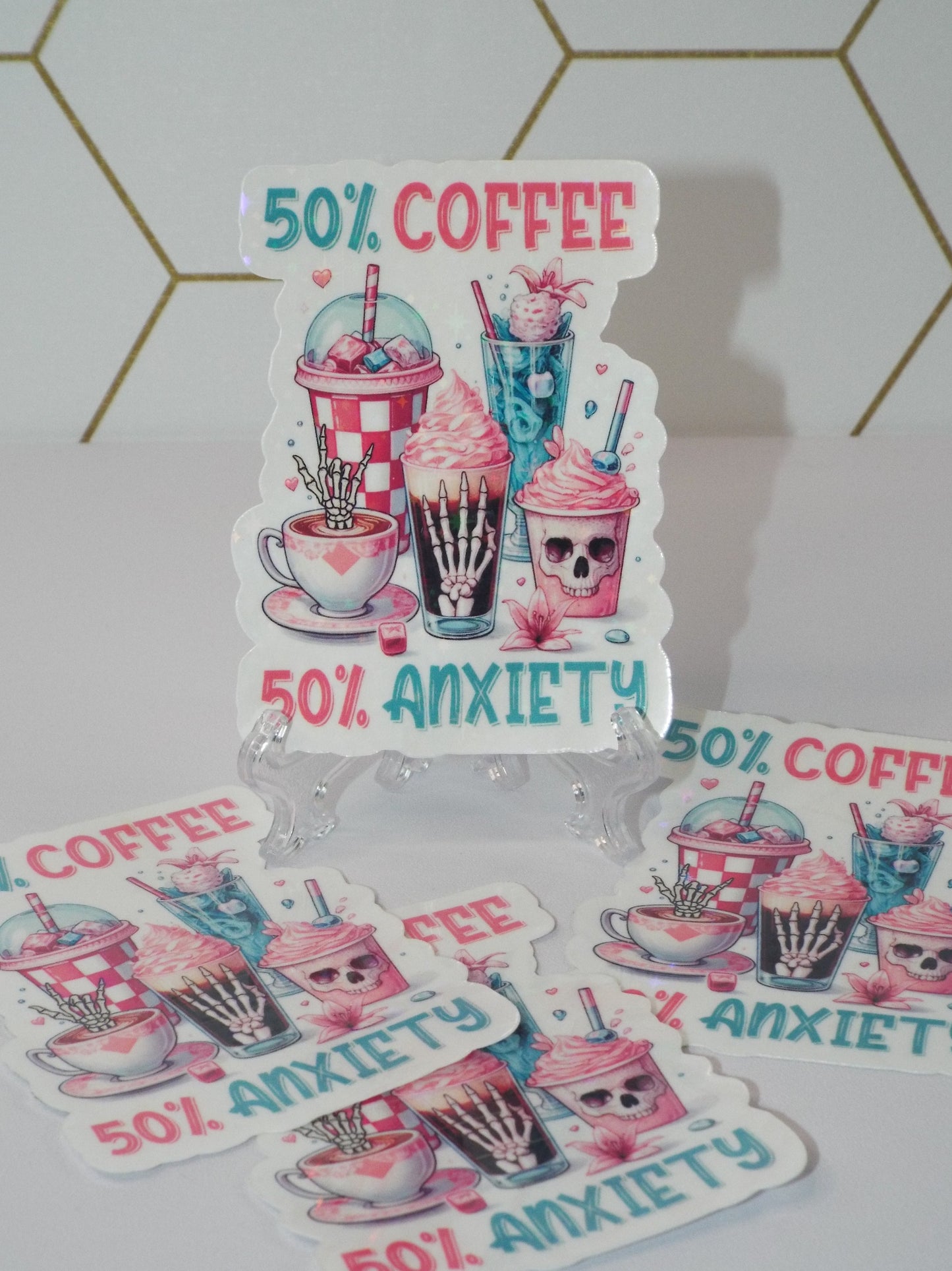 Holographic 50% Coffee 50% Anxiety Waterproof Sticker