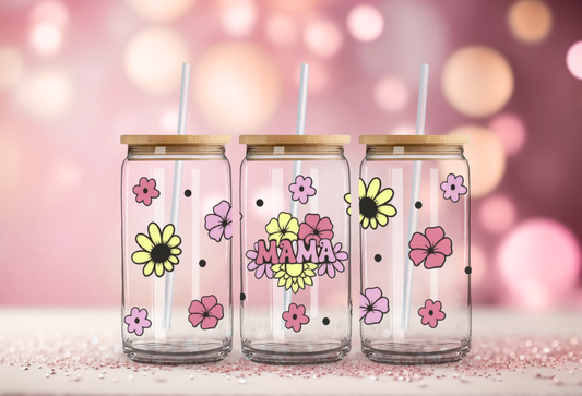 Colorful Floral Mama Mothers Day 16oz Glass Can with Bamboo Lid & Straw