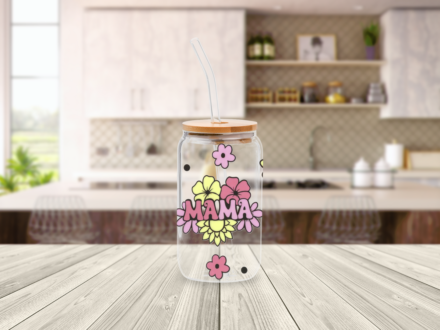 Colorful Floral Mama Mothers Day 16oz Glass Can with Bamboo Lid & Straw