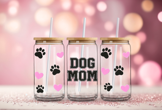 16oz Dog Mom Paws Pink Hearts 16oz Glass Can with Bamboo Lid & Straw