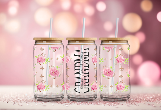 Mothers Day Grandma Floral 16oz Glass Can with Bamboo Lid & Straw