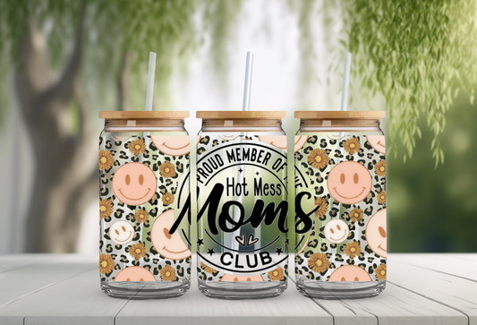 Hot Mess Mom's Club 16oz Glass Can with Bamboo Lid & Straw