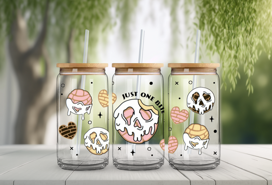 Just One Bite Concha Sweets 16oz Glass Can with Bamboo Lid & Straw