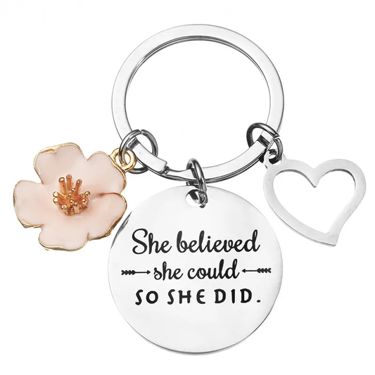 She Believed She Could So She Did Pink Cherry Blossom Heart Keychain