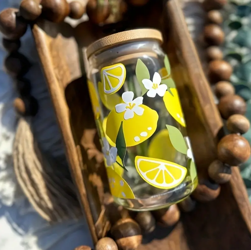 16oz Lemon Floral Glass Beer Can with Bamboo Lid & Straw