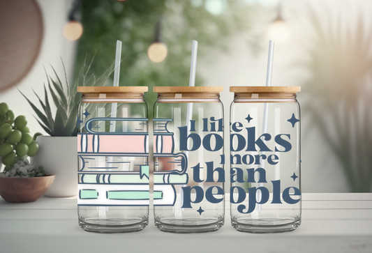 I Like Books More Than People 16oz Glass Beer Can with Bamboo Lid & Straw