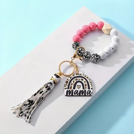 Mama Leopard Print Bead Tassle Wristlet Keychain