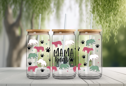 Mama Bear 16oz Glass Beer Can with Bamboo Lid & Straw