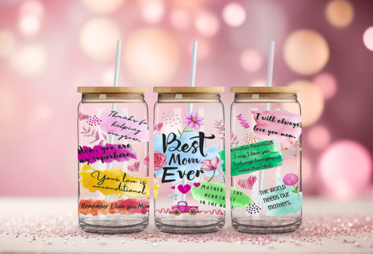 Best Mom Ever Floral Affirmations 16oz Glass Can with Bamboo Lid & Straw