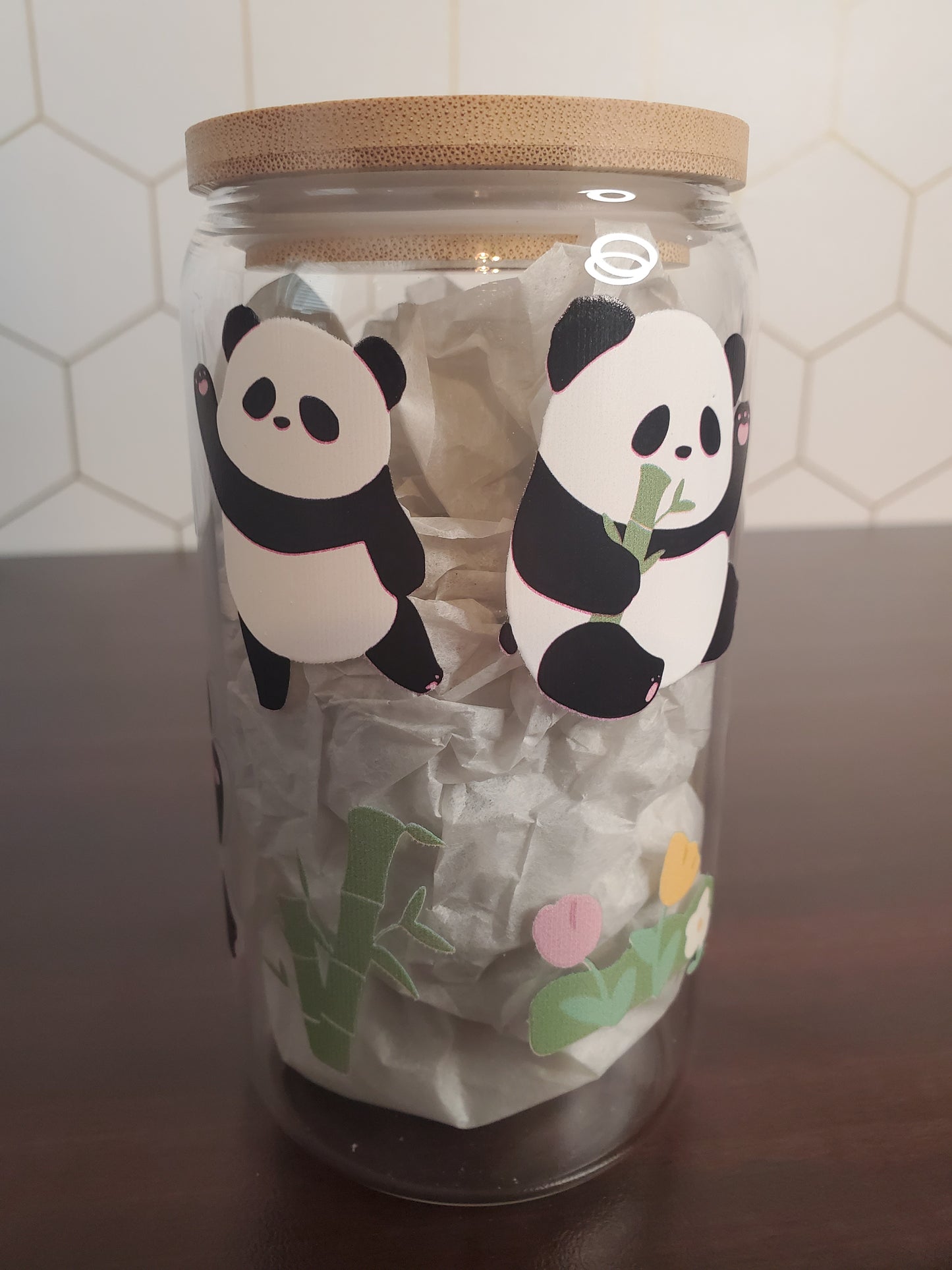 16oz Panda Friends Floral Glass Beer Can with Bamboo Lid & Straw