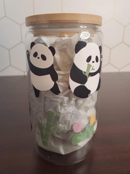 16oz Panda Friends Floral Glass Beer Can with Bamboo Lid & Straw