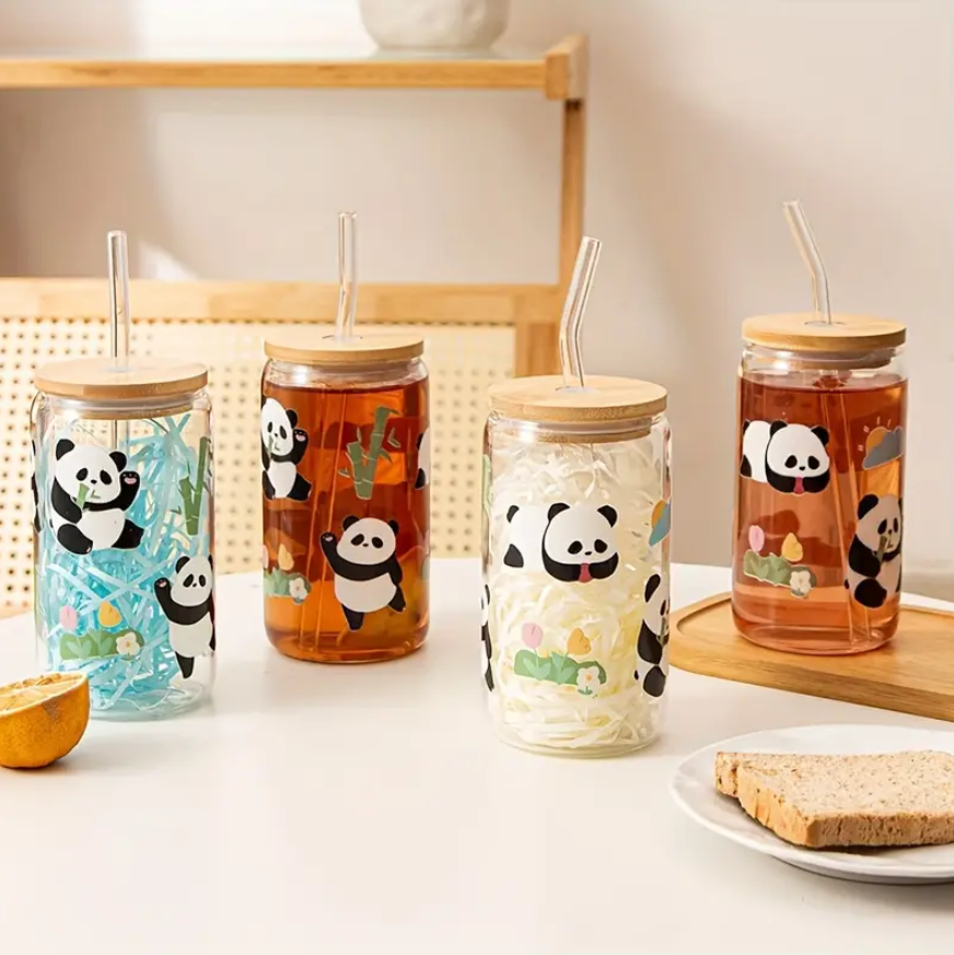 16oz Panda Friends Floral Glass Beer Can with Bamboo Lid & Straw