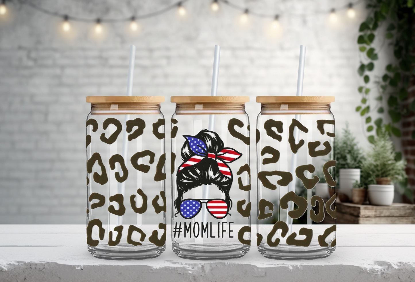 #MomLife Patriotic Headband Mama 16oz Glass Beer Can with Bamboo Lid & Straw