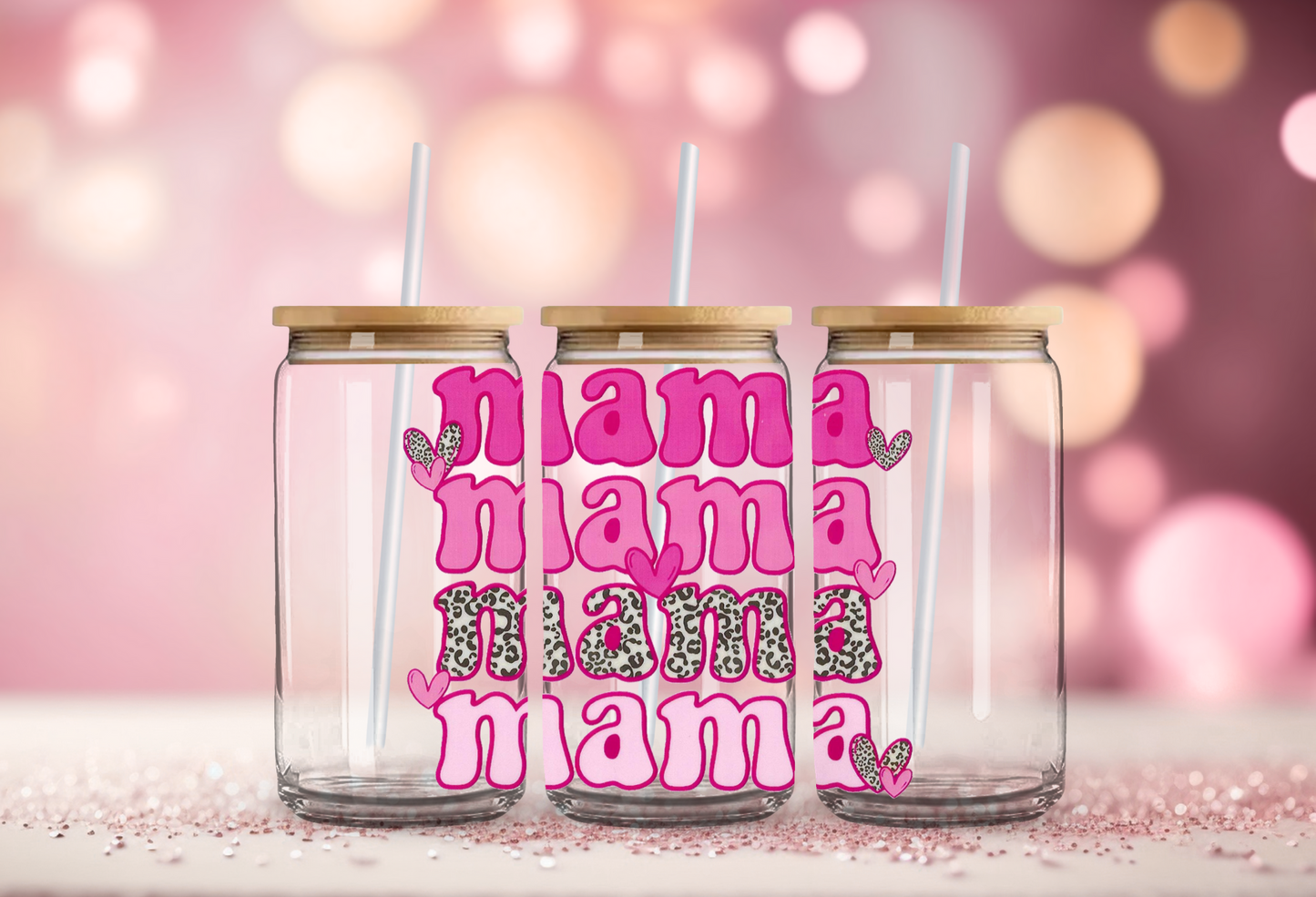 Mothers Day Cheetah Print Mama Stacked 16oz Glass Can with Bamboo Lid & Straw