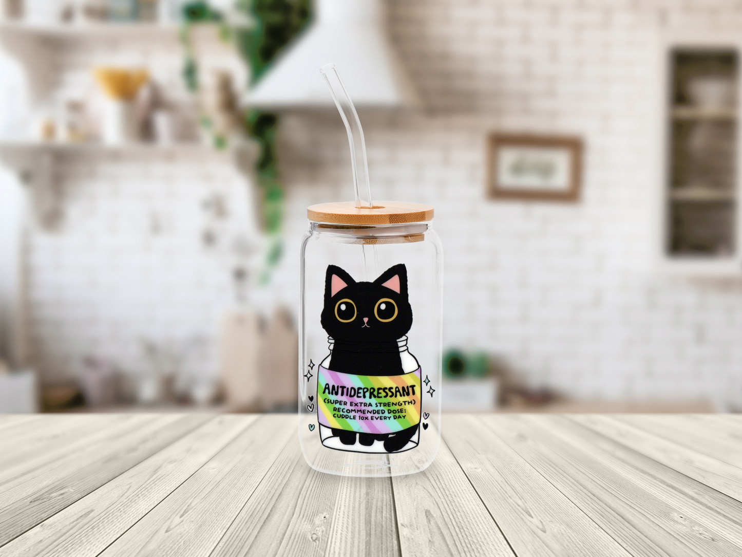 Cute Black Cat Antidepressant 16oz Glass Beer Can with Bamboo Lid  & Straw