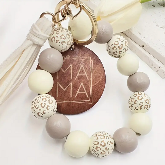 Mama Wood Charm Stretch Bead Tassle Wristlet Bracelet Keychain