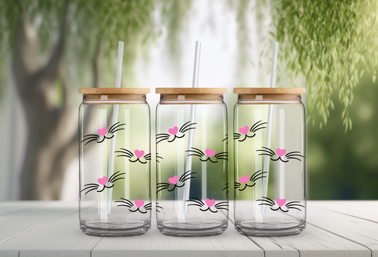 Cat Whiskers All-Over Print 16oz Glass Can with Bamboo Lid & Straw